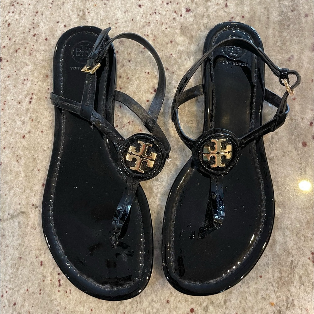 Tory Burch Black Patent Leather Flip Flops Size 9